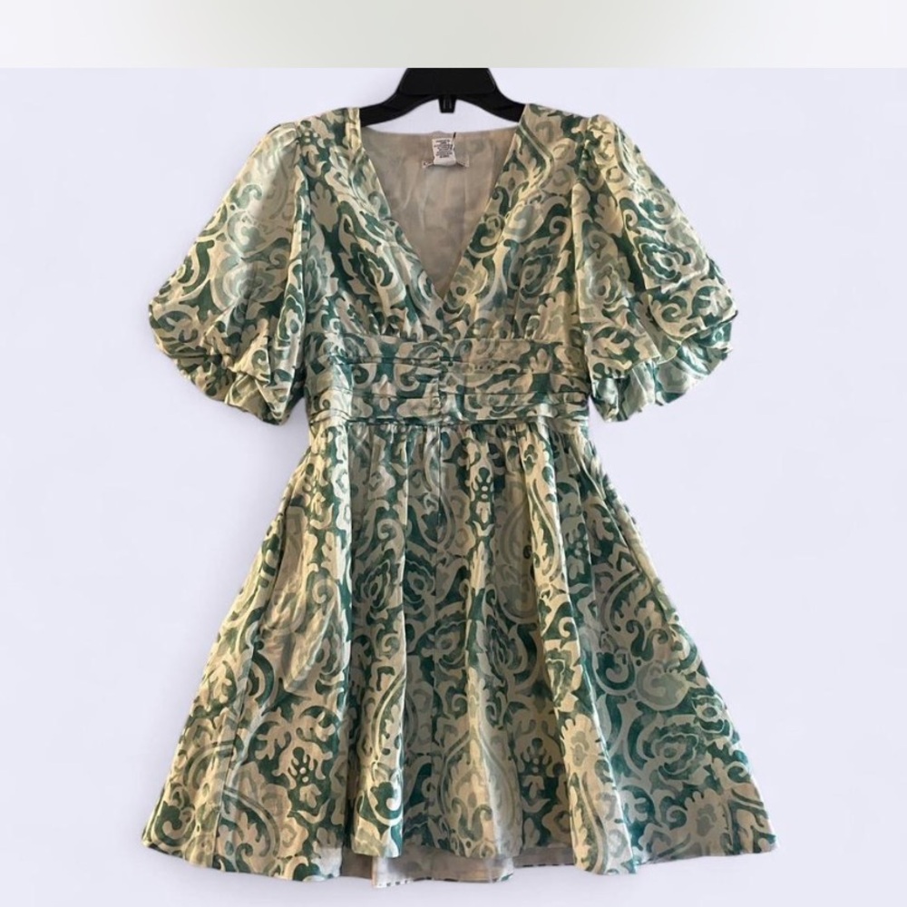 Christian Lacroix Green and Cream Patterned Mini Dress in size 2